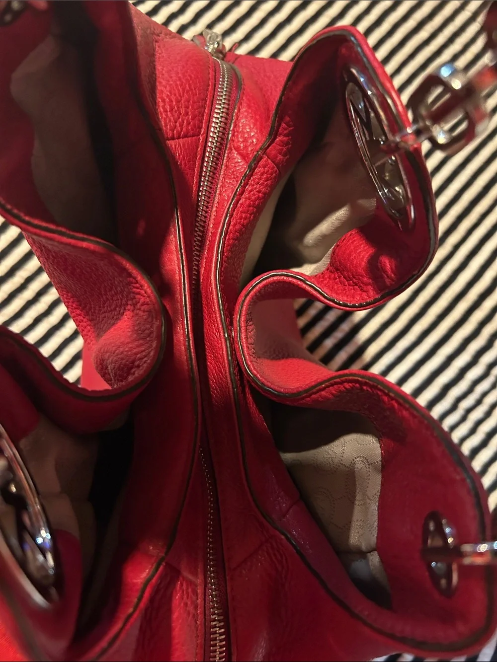 Michael Kors Pink-Red Pebbled Leather Shoulder Bag with Silver Hardware